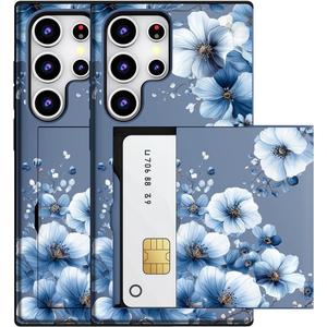 Compatible for Samsung Galaxy S23 Ultra Case with Card Holder Cute - Kawaii Design Military-Grade Drop Protection Rugged Wallet Cases for Women (Blue Elegant Retro Flowers)
