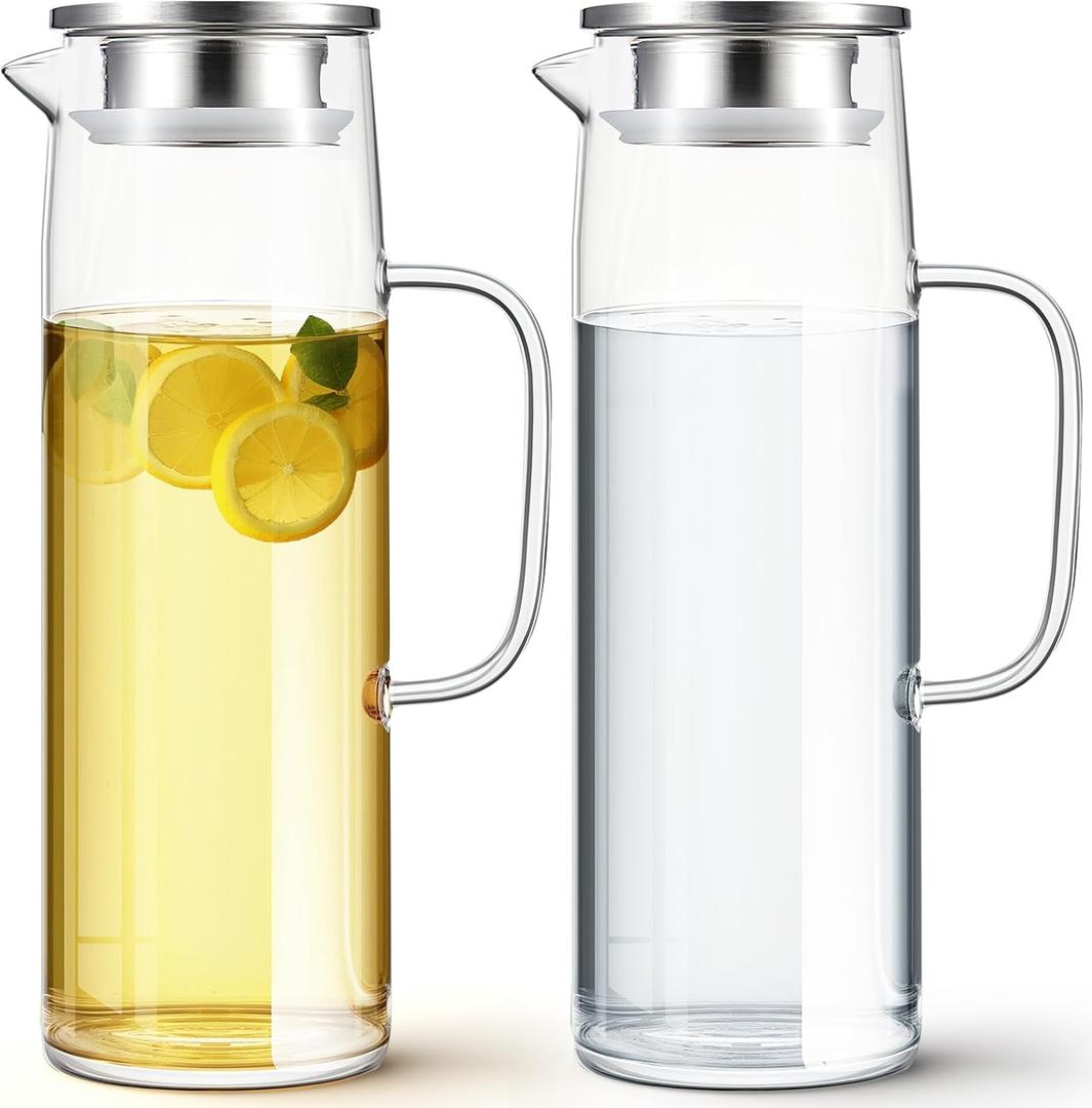 Hsei 2 Sets Glass Pitcher with Lid, 50 oz / 1500 ml Water Carafe with Handles Hot Cold Beverage Water Jar Glass Jug for Tea Juice Milk Coffee Iced Beverage (Stainless Steel Lid)
