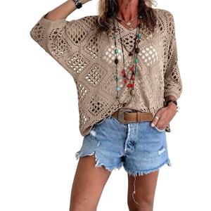 Allimy Womens Summer Tops Crochet Coverups Long Sleeve Sexy Sweaters Beach Cover ups Resort Wear Cruise Vacation Outfits for Women 2026 V Neck Boho Clothes Khaki, Medium