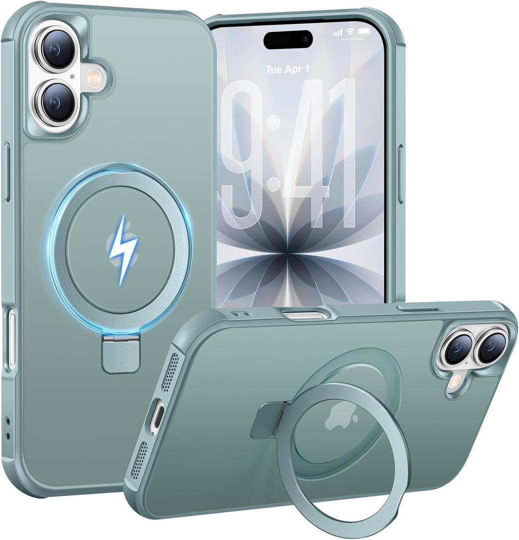 Magnetic Ring Stand Case for iPhone 17-120° rotatable Stand, Shockproof, Non-Slip, N52 Magnet, Matt Transparent Back, Easy to Clean, Military Standard Drop Protection (Lake Blue)