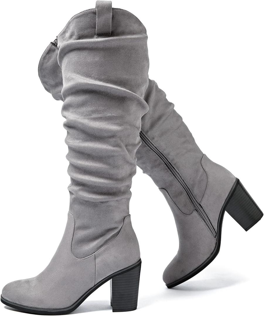 Luoika Women's Extra Wide Calf Cowboy Knee High Boots, Wide Width Cowgirl Slouchy Boots Chunky Pump Heel Plus Size Western Boot,(Grey 702), Size 10,5 