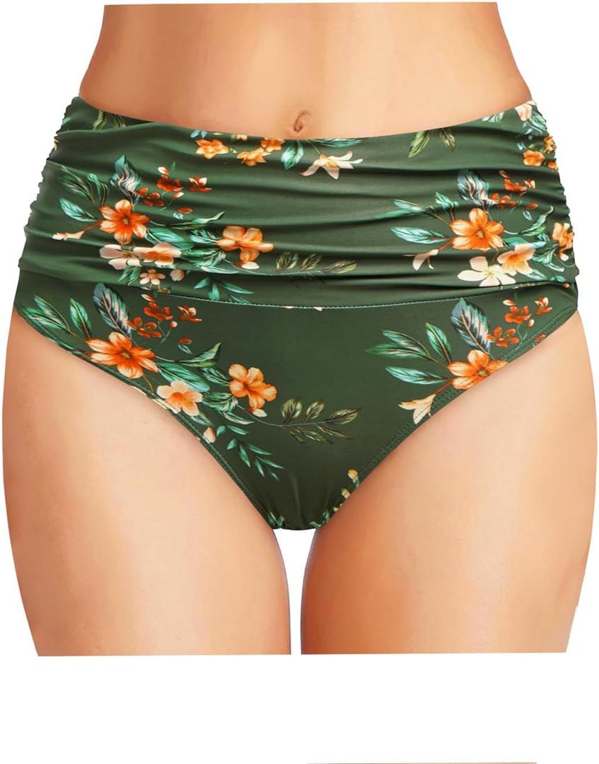 Tempt Me Women's High Waisted Bikini Bottom Tummy Control Ruched Bathing Suit Swim Bottom (Green, M)