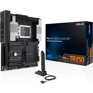 ASUS Pro WS TRX50-SAGE WIFI CEB Workstation motherboard, AMD Ryzen Threadripper PRO 7000 WX,ECC R-DIMM DDR5, 36 power-stage, WiFi 7,PCIe 5.0 x 16,PCIe 5.0 M.2, 10 Gb and 2.5 Gb LAN, multi-GPU support.