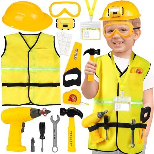HUUIDY Construction Worker Costume for Kids, Toddler Dress Up Clothes with Kids Tool Set, Construction Vest & Hat, Helmet Light, Electric Drill, Toddler Costumes Pretend Play Toys for Boys Gift Age 4+