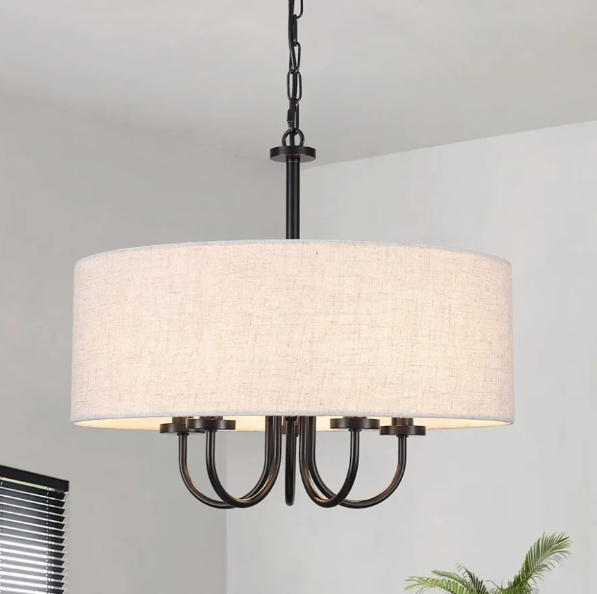 5 Lights Drum Chandelier for Dining Room 19" Modern Farmhouse Black Chandeliers with Shades Round Pendant Light Fixtures Linen Hanging Chandeliers for Bedroom Living Room Kitchen Over Table Foyer