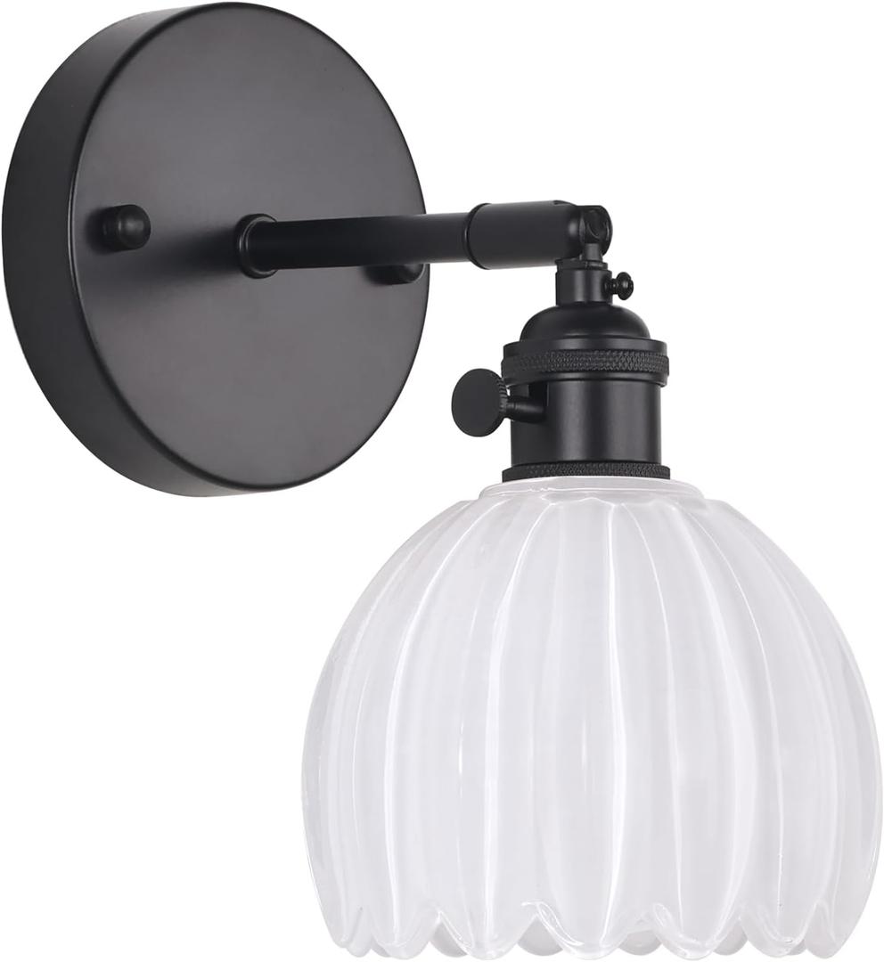 Shenmoyl Vintage Wall Sconce with Cute White Tulip Glass Lampshade 180 Degree Adjustable Black Sconce Hardwired Modern Wall Lighting Fixture with Switch for Bedside Bedroom Doorway (Tulip White-Black Base)