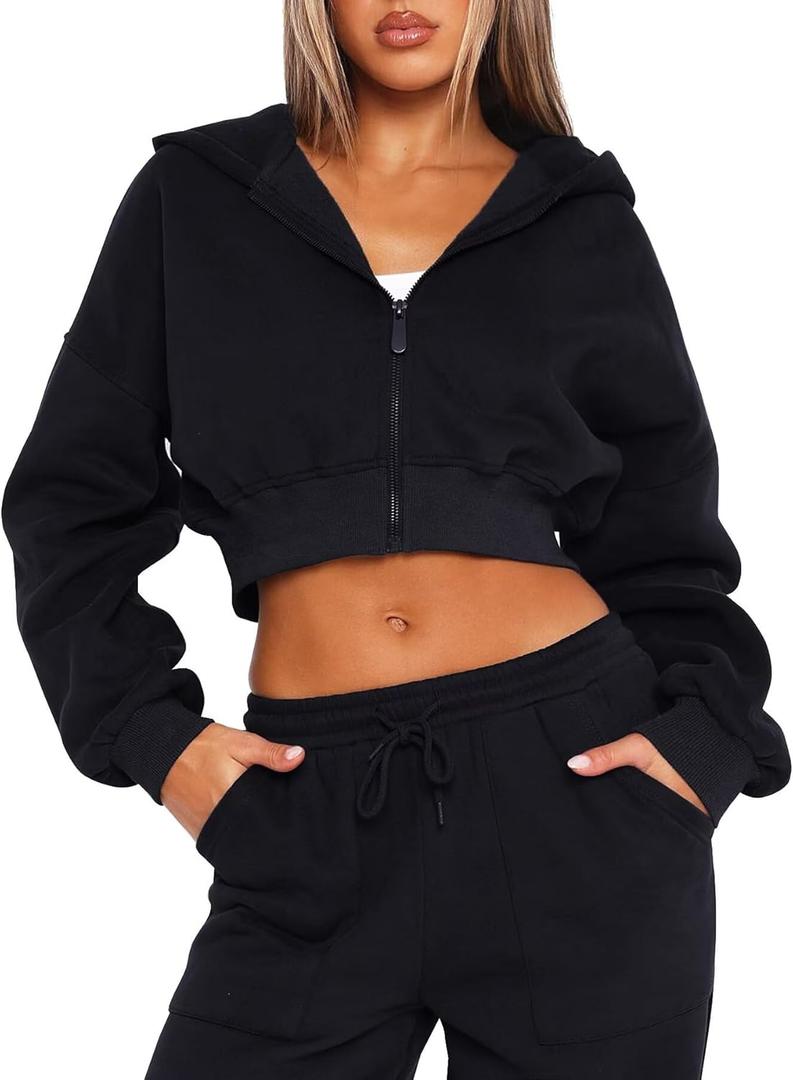 TZLDN Women Cropped Hoodie Zip Up Jacket Y2K Sweatshirt Crop Tops Lightweight Workout Casual Fashion Fall Outfits (Large, Black)