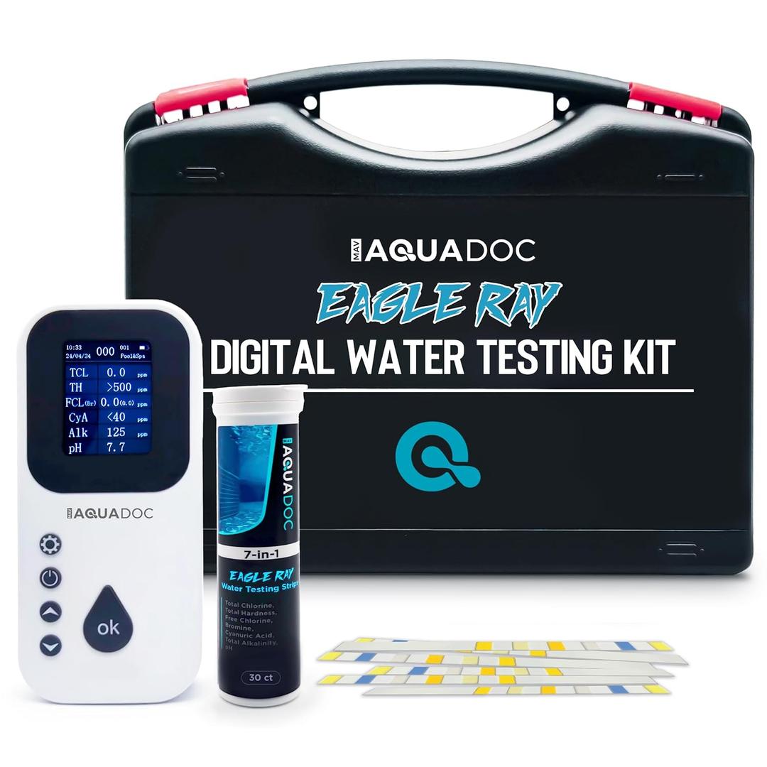 Eagle Ray Digital Water Testing Kit for Spa & Pool - Digital Hot Tub Water Tester by AquaDoc with Analyzer & Hot Tub Test Strips for Chlorine, Bromine, Total Hardness, pH and More