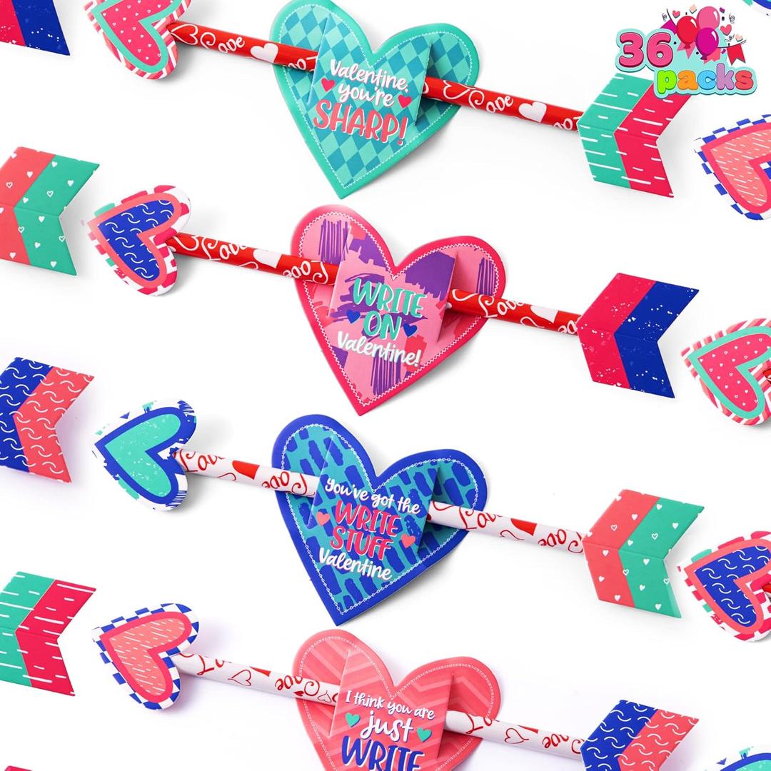 JOYIN 36 Pack Valentines Day Cupid's Arrow Pencil Set with Gift Cards, Party Favors for Classroom Exchange Prizes