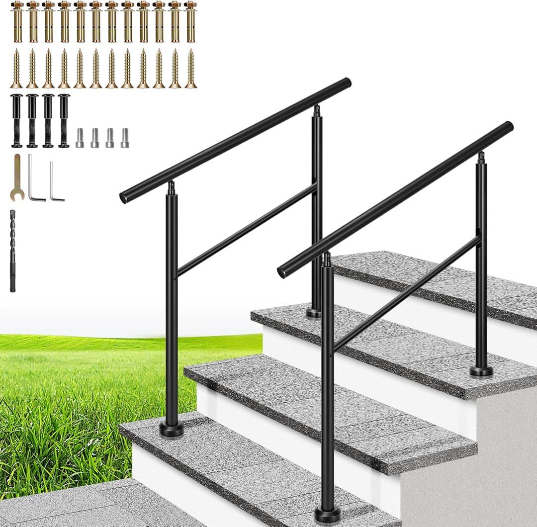 VIVOHOME 2-Pack 3 Step Hand Rails for Outdoor Steps, Galvanized Steel Railing, Black Round Exterior Handrails for Porch, Deck, or Indoor Stairs, Complete Installation Kit