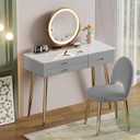 Modern Vanity Desk with Mirror and Lights, 39" Gray Makeup Vanity Set with Adjustable Chair & Drawers, White and Gold Dressing Table for Small Spaces & Bedroom
