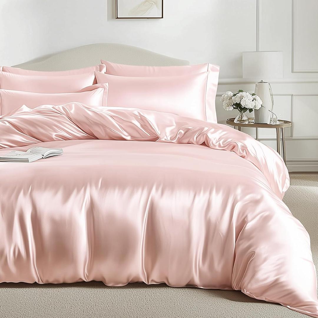 Bedsure Satin Duvet Cover Queen Size, Luxury Silk Like Crystal Pink Queen Duvet Cover Set, 3 Piece, Ultra Soft and Breathable Bedding Set with Zipper Closure and 2 Pillow Shams, Size 90inch x 90inch