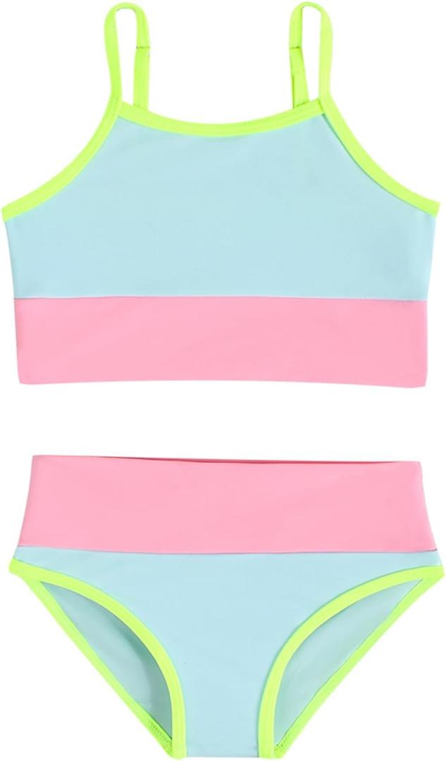 Little Girl Swimsuit Casual Swimwear Kids Two Piece Color Block Bathing Suits Beach Bikini Set (9-10 Years, Bright Green)