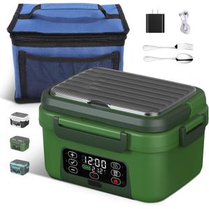Cordless Electric Heated Lunch Box, 1.5L - 6.3 Cups 20000 mAh 100W Rechargeable Smart Self-Heating Food Warmer with Removable Divider, Spoon, Fork, BPA Free, Portable Lunchbox for Car Travel Office (Blackish Green)
