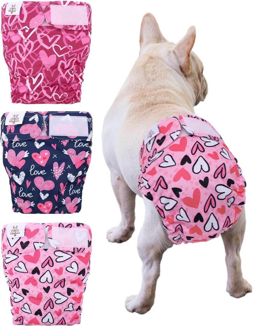 CuteBone Washable Dog Diapers Female No Tail Hole 3 Pack Reusable Doggie Period Training Pants Valentines for Docked-Tail Frenchie French Bulldog Boston Terrier Without Tail WWD20M