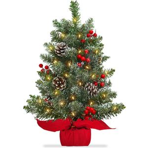 22 Inch Tabletop Christmas Tree with Lights Timer, Snowy Artificial Small Christmas Trees Battery Operated 30 Warm Lights Red Berries Pine Cone Stable Base Mini Tree Xmas Decorations Indoor Holiday