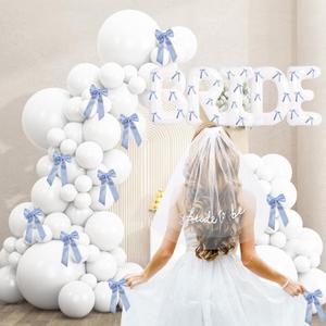 White Bride Balloons 40 inch with Ribbon Bows, Bachelorette Bride To Be Embroidered Veil, White Headpiece, Bachelorette Party Decor, Wedding Party, Engagement Party, Bridal Photo Booth