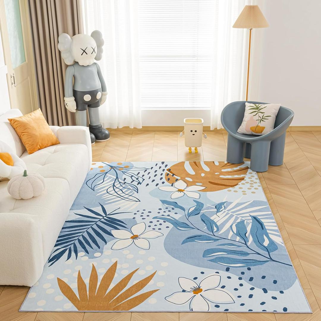 Blue Washable Rugs 60x84 Inch, Floral Rugs for Living Room, Soft Non-Slip Rugs for Bedroom, Ultra-Thin Area Rug Carpet for Home Decor, Kid Room, Dining Room, Playroom, Blue Rug