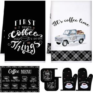 Bencailor 6 Pcs Kitchen Towels and Pot Holder Sets, Oven Mitts and Dish Cloths Microfiber Tea Towels Dish Cloths Kitchen Accessories for Coffee Tea Pot Christmas (Coffee Style,Black, White)