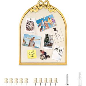 Vintage Arched Linen Cork Board with Gold Bow  Decorative Bulletin Board for Walls, Metal Frame Pin Board for Notes, Photos & Reminders, Elegant Vision Board for Home & Office 16"x21"