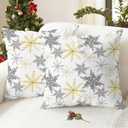CaliTime Christmas Throw Pillow Covers Decorative 18 X 18 Inches Pack of 2 Cozy Fleece Snowflakes Cushion Cases for Holiday Couch Sofa Bed Living Room Home Grey Gold