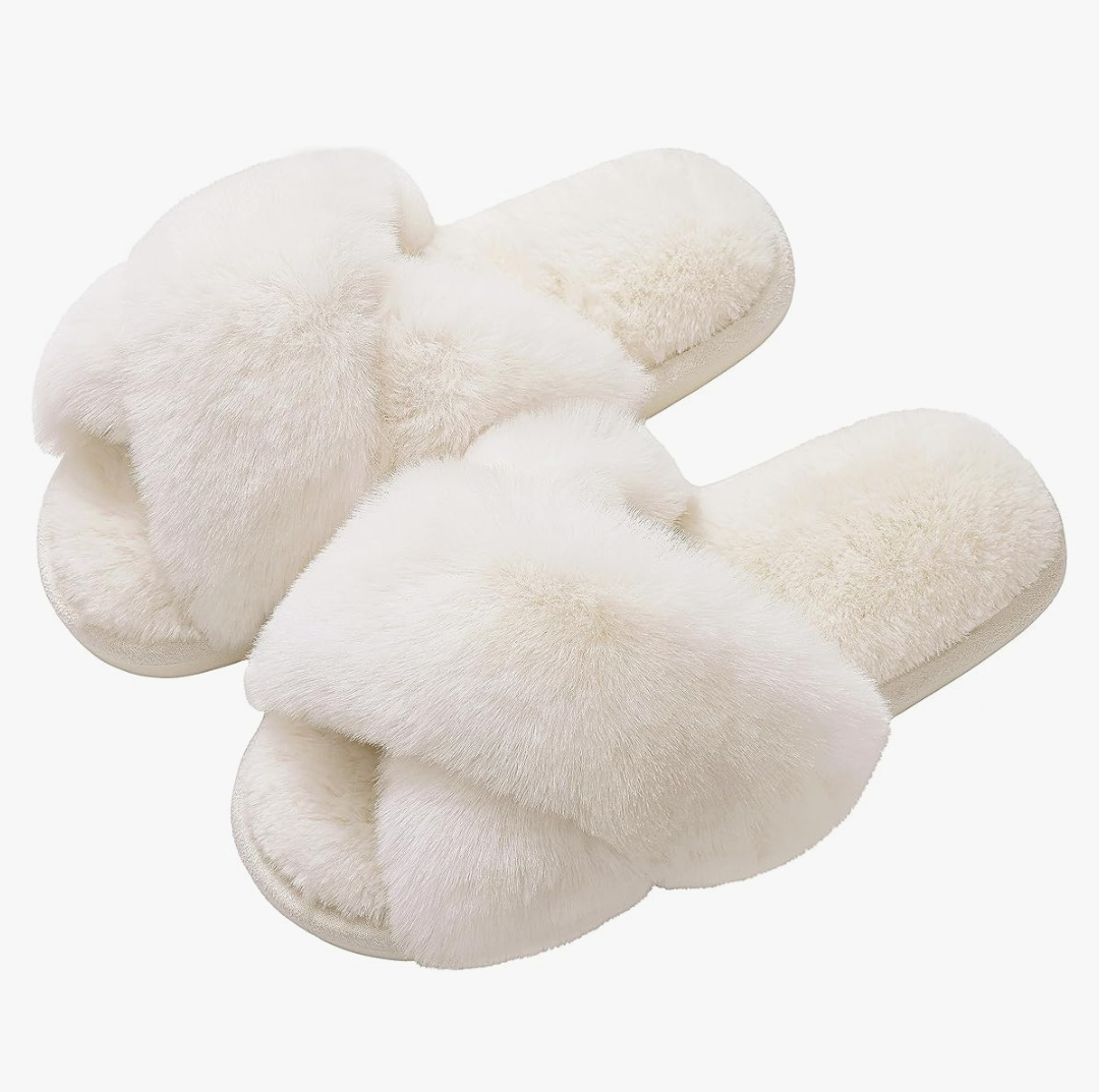 Evshine Women's Fuzzy Slippers Cross Band Memory Foam House Slippers Open Toe Size 7-8