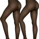 Fleece Lined Tights Sheer Women - Fake Translucent Warm Pantyhose Leggings Sheer Thick Tights for Winter (Large, Invisible One Line Crotch-black+black)