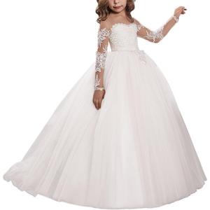 Abaowedding Lace Embroidery Sheer Long Sleeves Kids Trailing Gowns (White)