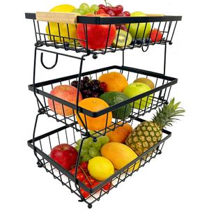 3 Tier Fruit Basket for Kitchen Counter, Large Fruit Holder with 2 Banana Hooks, Detachable Metal Fruit Stand with Wooden Handle, Kitchen Storage Cart,Vegetable Basket, Snack Rack