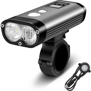 RAVEMEN PR1400 Rechargeable Bike Light, 1400 Lumens Light for Bike with Dual Lens, LED Display, IPX8 Waterproof Bike Front Light for Mountain Biking, Night Riding