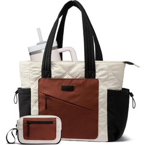 LOVEVOOK Tote Bag for Women, puffer tote bag for Work Travel Nurse, Lightweight quilted Bags with Compartments (L-17.3 Inch-cream-black-brown)