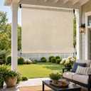 5% Openness Cordless Solar Fabric Roller Shade, 7'W x 8'H Sun Shade for Outdoor Gazebo Pergola Porch Use, 95% UV Protection Blinds, Beige, 84"W x 84"H
