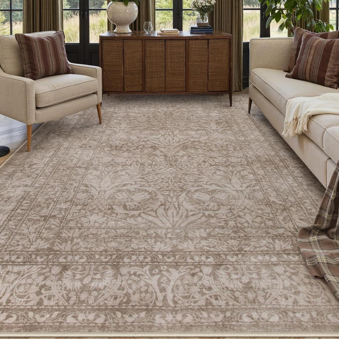 Lahome Floral Boho Rugs for Living Room, Washable Rug 8x10 Bedroom Office Rug, Soft Large Non Slip Non Shedding Indoor Carpet for Dining Room, Light Brown