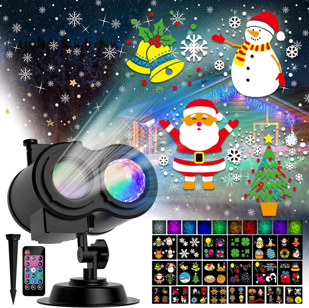 2025 Upgrade Christmas Halloween Projector Lights Outdoor, COOLWUFAN 2-in-1 Holiday Projector Lights Decorations, 30 Bright HD Effects (20 Slides) Projection Light for Xmas Party Garden Yard Decor