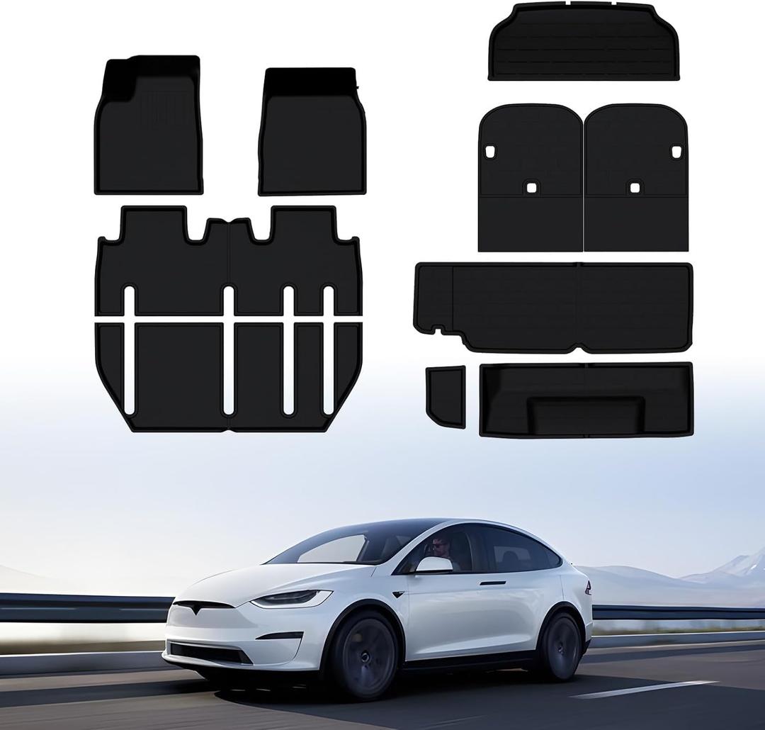 BASENOR 10PCS Tesla Model X Floor Mats 7-Seater All Weather Cargo Liner Mat XPE Car Mats Anti-Slip Trunk Mat Back Seat Cover Model X Plaid Accessories 2022-2026