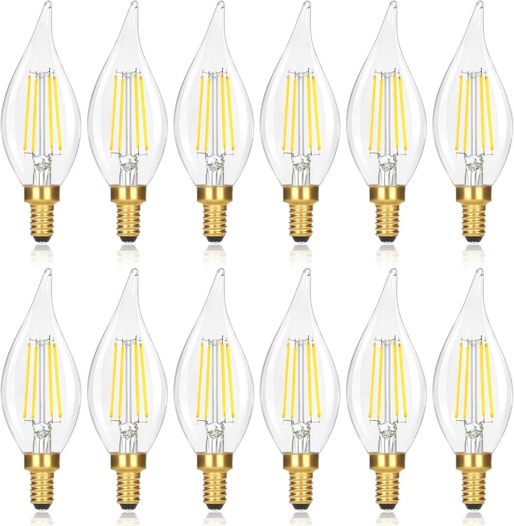 12-Pack Dimmable E12 LED Candelabra Bulbs 60 watt Equivalent, 5000K Daylight White Dimmable Chandelier Light Bulbs, 6W 630LM Vintage Flame Tip E12 LED Candle Bulb (12 Count (Pack of 1), 60w Daylight White)
