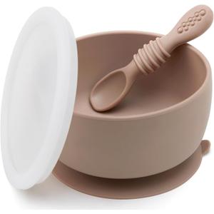 SAMiGO Silicone Baby Bowl and Spoon Set with Suction and Lid, First Stage Self Feeding Essentials, Food Bowl for 6+ Months (Earth)