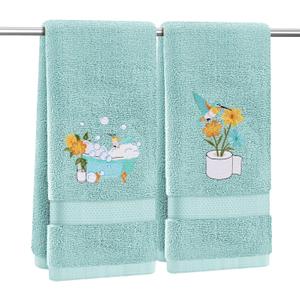 2 Pcs Hummingbird Hand Towels for Bathroom Decorative Fancy Bathroom Towels Embroidered 100% Cotton Spring Bath Towel 13.4x29 Inch for Home Kitchen Dcor (Blue, Hummingbird)