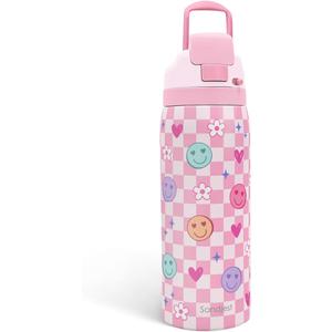Checkered and Smiley Face Stainless Steel Water Bottle, Vacuum Insulated, Push-Button Lid, 32 oz, Gifts for Women Girls Friends Teens Birthday Christmas