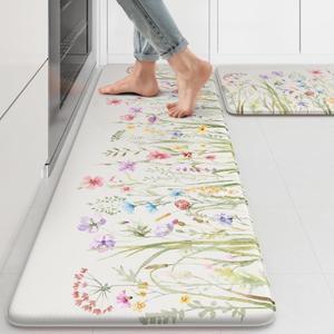 KIMODE Anti Fatigue Kitchen Mat for Floor, Farmhouse Floral Kitchen Rugs Sets of 2, Kitchen Floor Mats Non-Slip, Cushioned Standing Mat for Sink, Laundry, Desk, Home White 17"x47"+17"x29"