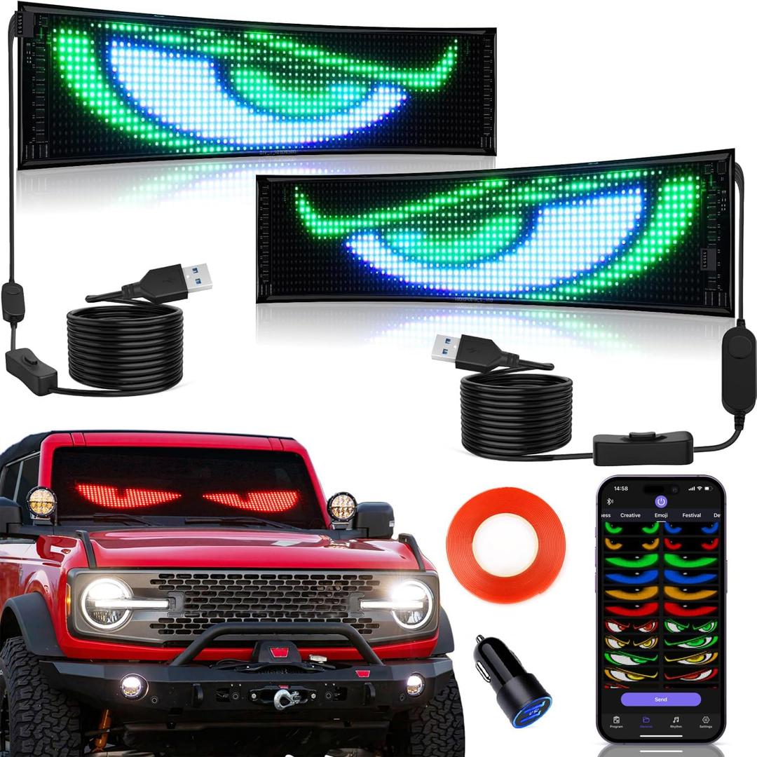 2PCS Synchronized Devil Eyes Light for Cars, 14.6X3.6 Flex LED Display Screen DIY Text Animation Programmable LED Scrolling Sign for Car Windshields