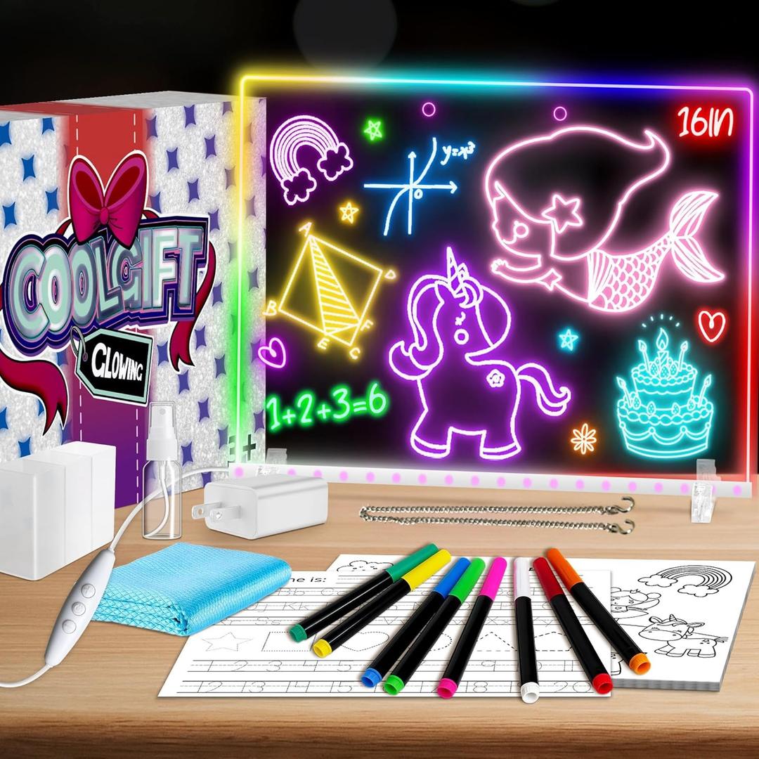 16" LED Drawing Board for Kids - Light Up LED Note Board with Colors & 18 Tracing Stencils, Birthday Gifts for Girls Ages 5-12, Glow Doodle Pad Art Set, 39PCS