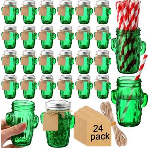 Maxcheck 24 Sets 3oz Cactus Mason Jars Shot Glasses with 24pcs Shot Glasses 24pcs Silver Lids 30pcs Straw, Glass Cactus Decor Favor Jars for Weddings, Decoration Parties DIY Drink Dessert Candle Craft