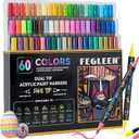 60 Colors Acrylic Paint Markers,Dual Tip Acrylic paint Pens Contain 12 Metallic Colors 6 Glitter and 6 Neon Markers for Rock Painting,Egg,Wood,Glass,Canvas,Ceramic,Crafts,Art Supplies