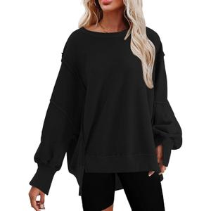 SHEWIN Womens Oversized Reverse Seam Sweatshirt Casual Long Sleeve Pullover Tops Lightweight Loose Crewneck Sweatshirts (Black, S)