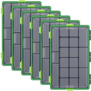 6 Pack Fishing Tackle Boxes Waterproof 3600 and 3700 Tackle Trays with Removable Dividers Plastic Storage Organizer Bait Vault Camouflage Box for Freshwater Saltwater (Green,3700)