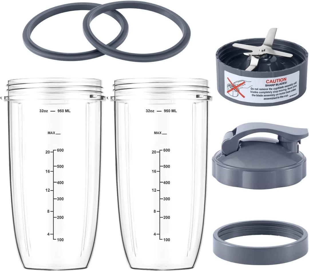 7 Pieces Nutribullet Blender Cups & Blade Replacement Set 32oz Huge Cup with 1 Flip-Top To-Go Lid and 1 Lid Ring & Premium Extractor Blade with Compatible with NutriBullet 600w/900w Blender