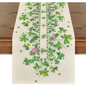 Artoid Mode Shamrocks Flower St. Patrick's Day Table Runner, Seasonal Holiday Kitchen Dining Table Runner for Home Party Decor 13x72 Inch (Green)