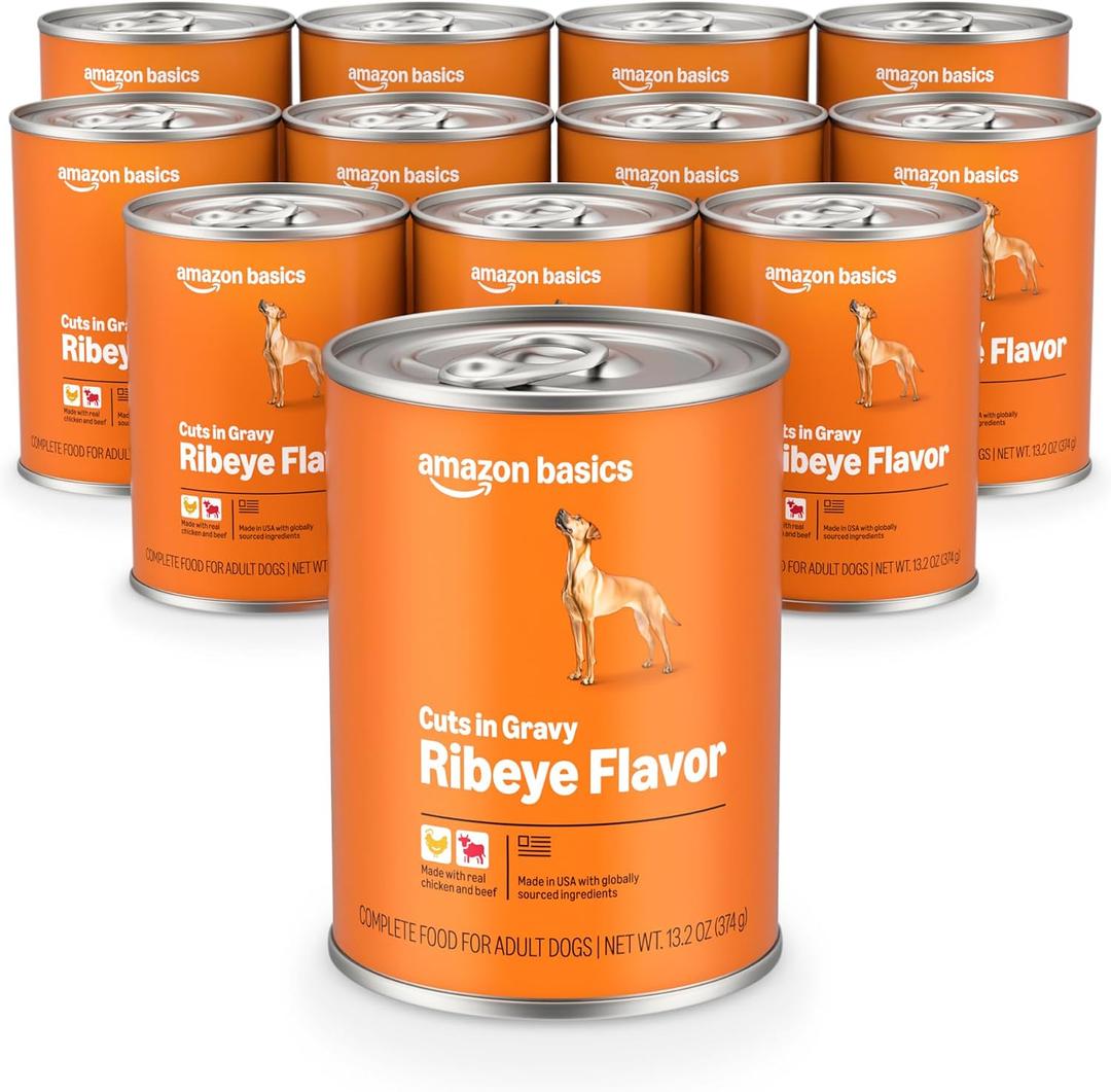 Amazon Basics Wet Dog Food, Cuts in Gravy, Ribeye Flavor, Made with Real Chicken and Beef, 13.2 oz can (Pack of 12) (EXP 08/15/28)