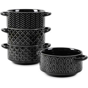 Sureasy Soup Bowls with Handles, Ceramic French Onion Soup Bowls 20 oz, Oven Safe Soup Crocks for Beef Stew, Chili, Cereal, Pot Pies, Embossed Serving Bowls Set of 4, Gift, Black
